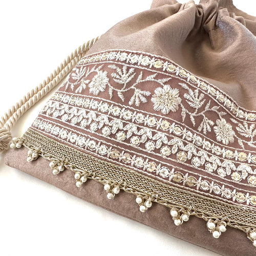 インド刺繍リボン くすみピンク 巾着ポーチ 巾着袋 メイクポーチ 巾着 