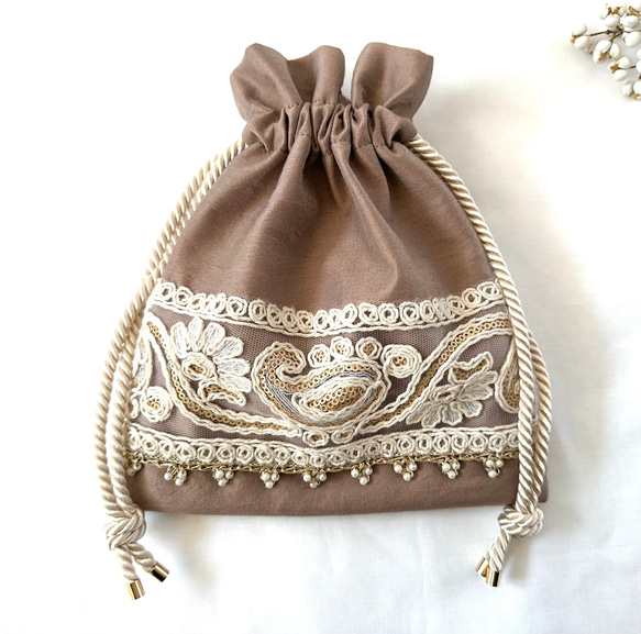 インド刺繍リボン くすみピンク 巾着ポーチ 巾着袋 メイクポーチ 巾着  