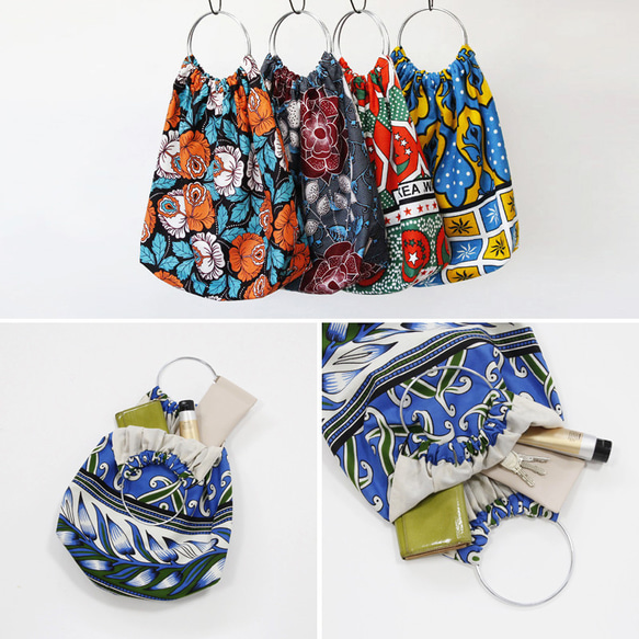 アフリカ布のリングハンドルバッグ（アフリカンプリント）大人可愛い お洒落 8枚目の画像