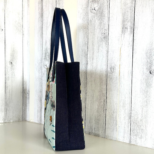 creema限定ミナペルホネンのネイビー、Pathパッチの縦長トートバッグ