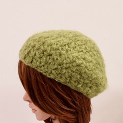 リフ編みのふんわりベレー帽　ライムグリーン 1枚目の画像