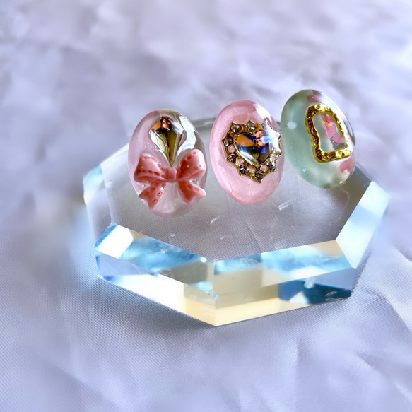 glass oval 3way girly sakuramochi Earrings 4枚目の画像