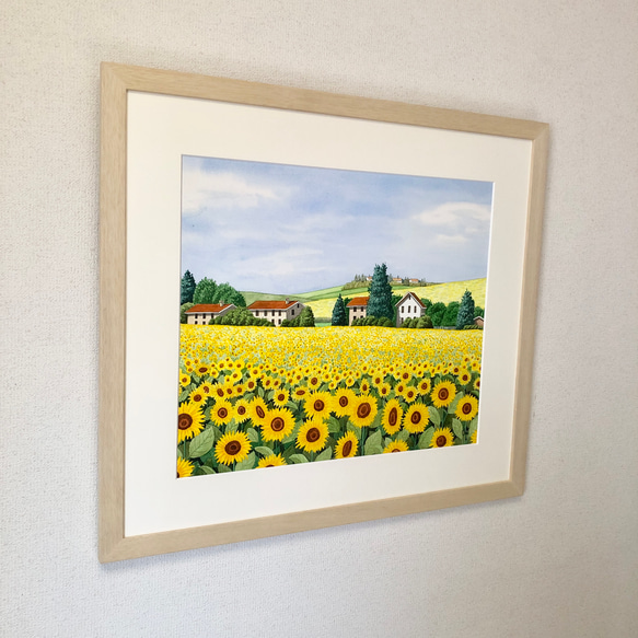 透明水彩画　原画　「ひまわり・幸せの丘」額縁付　F10サイズ　風景画 ひまわり・幸せの丘」透明水彩画 原画 風景画 額縁付 F