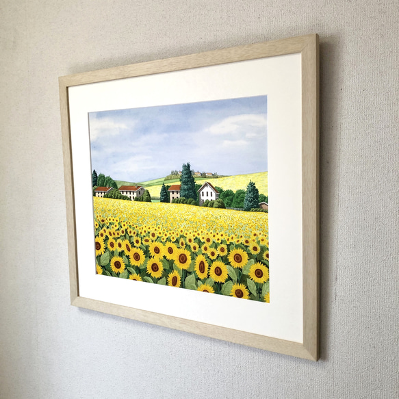 「ひまわり・幸せの丘」透明水彩画　原画　風景画　額縁付　F10サイズ 水彩絵具、墨 F2194536758(16692円)