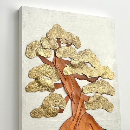 レザーのコラージュアート（盆栽） A4サイズ 木製パネル 一点