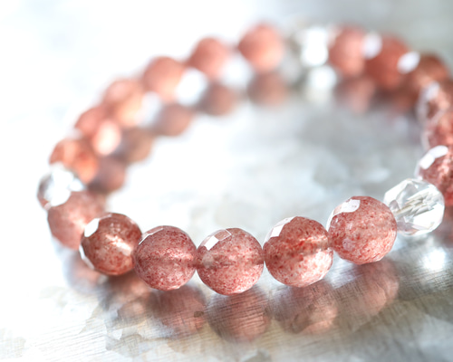 ①ピンクエピドート入り水晶(ポイント) ピンクエピドート スターラウンドカット9mm 1連（ブレス）｜天然石