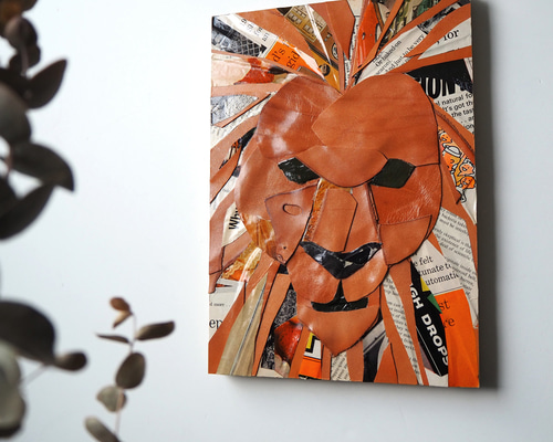 【一点物アート】ガネーシャ【現代アート,コラージュ】 レザーのコラージュアート （ライオン） A4サイズ 木製パネル