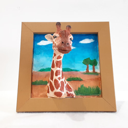 キリンのクレパス画 木製フレーム付き キリンのクレパス画 木製