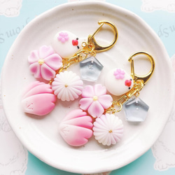 白文鳥もちと河津桜の和菓子キーホルダー フェイクスイーツ 樹脂粘土