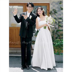 【ウェディングドレス】ウェディング　背中見せ　前撮り 結婚式 韓国　ホワイト ウェディングドレス シンプル Aライン ホワイト 結婚式 前撮り