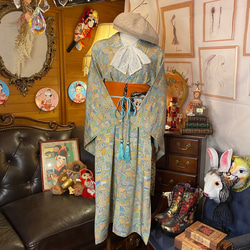 着物 洗える 化繊 ワンピース ドレス ハンドメイド リメイク 帯サッシュベルト  KW-320 4枚目の画像