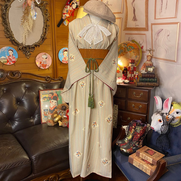 着物 洗え 化繊 ワンピース ドレス ハンドメイド リメイク 帯サッシュベルト　KW-321 4枚目の画像