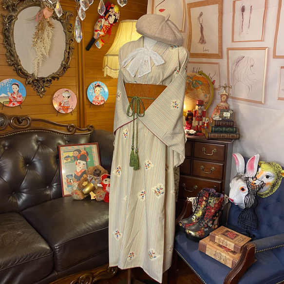 着物 洗え 化繊 ワンピース ドレス ハンドメイド リメイク 帯サッシュベルト　KW-321 5枚目の画像