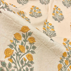 【50cm單位】米色布料黃花大圖案印度手工塊印花布料棉質 第5張的照片