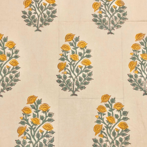 【50cm單位】米色布料黃花大圖案印度手工塊印花布料棉質 第3張的照片