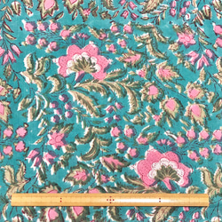 【50cm單位】綠色粉紅白色花朵印度手工塊印花布料棉質 第6張的照片