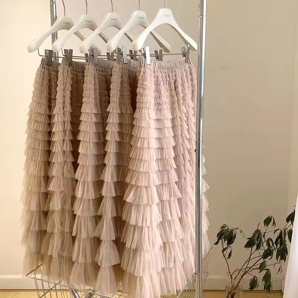 新作♡5色 チュールティアード ロングスカート フリル マキシふんわり