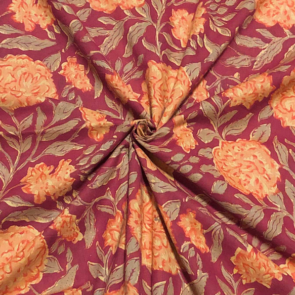 【50cm單位】黃色布料紅橙色蓬鬆花印度手工塊印花布料棉質 第1張的照片