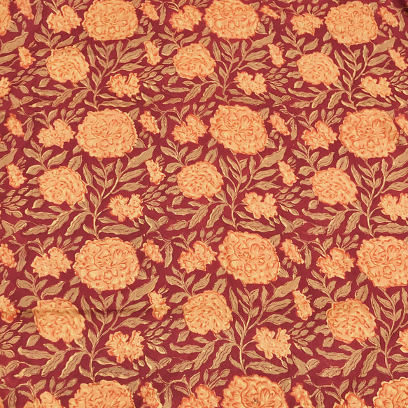 【50cm単位】イエロー生地レッドオレンジふわふわフラワー　インド　ハンドブロックプリント生地  コットン 4枚目の画像