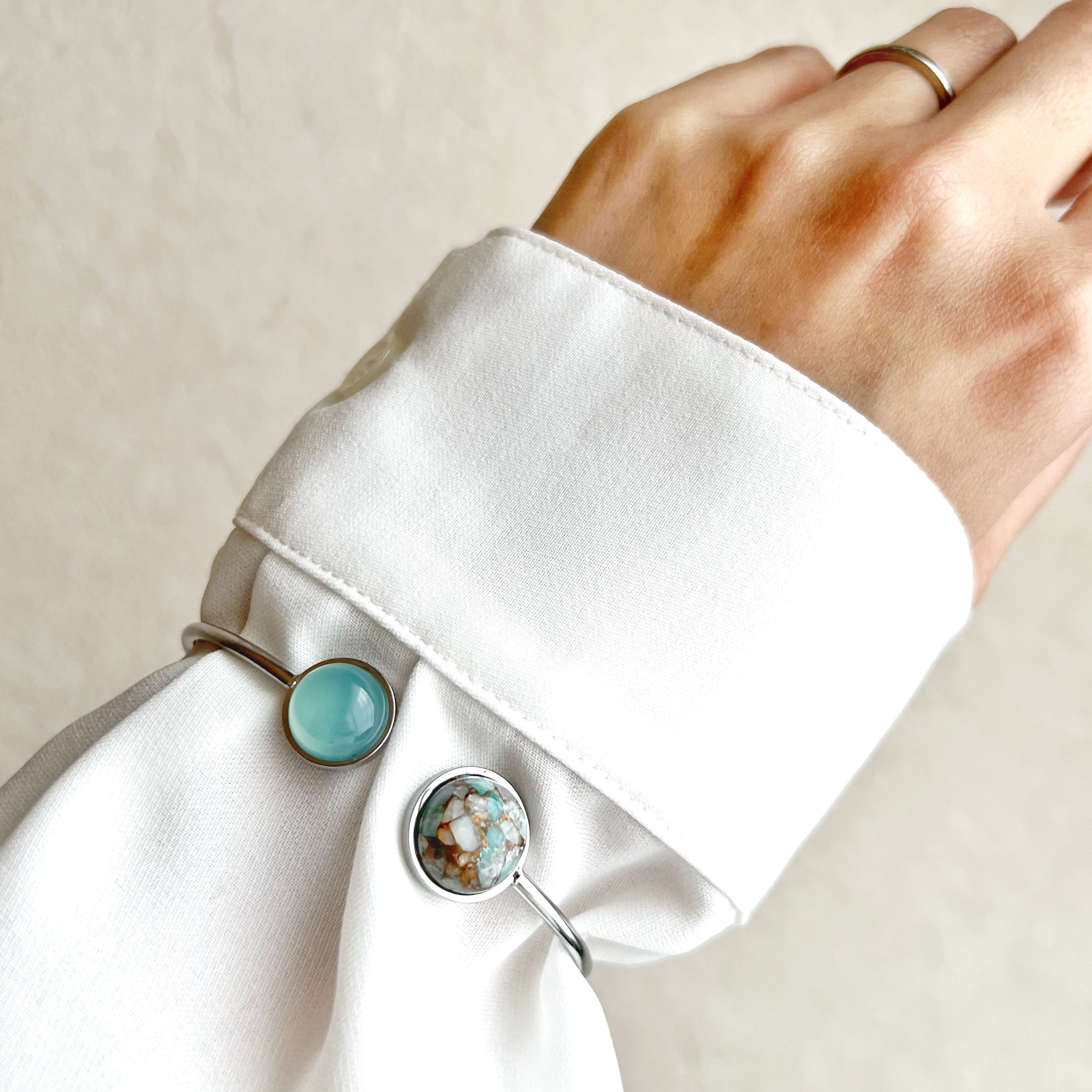 【JORIE】DOUBLE STONEバングル　サージカルステンレス　シーブルーカルセドニー×コッパーアマゾナイト