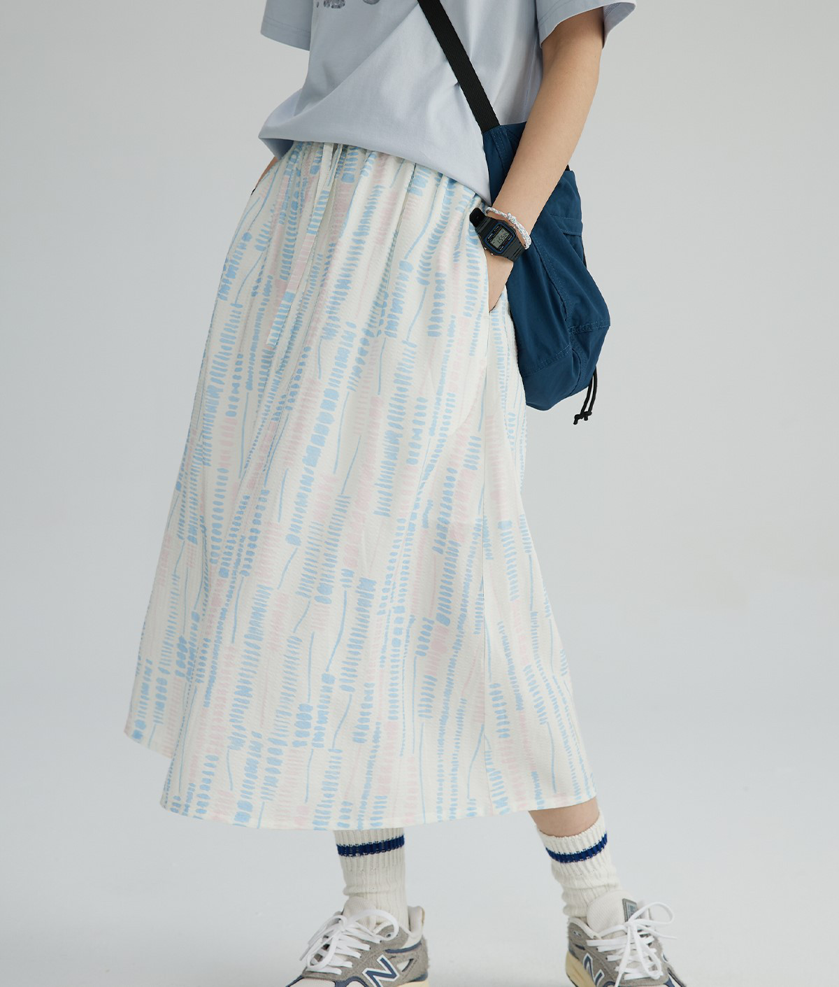 【即納】しわになりにくい♪パステルカラーの模様が優しい個性を演出 裏地付き水彩ペイント風スカート