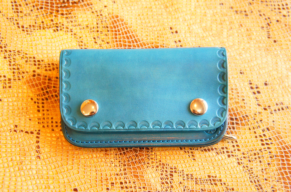 牛ヌメ革製 ミニトラッカーウォレット N046 青色 BURNY 本革 バイカーウォレット レザー 財布 1枚目の画像