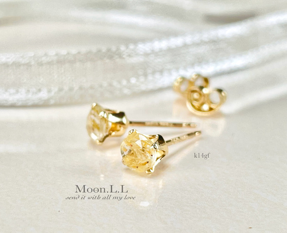 k14gf 〜ハニーゴールド〜 ゴールデンルチルクォーツのスタッドピアス 2枚目の画像