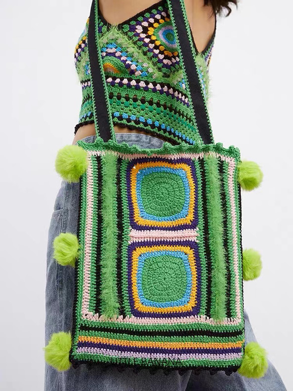 手編みかぎ針毛糸編みバッグ ショルダーバッグ 1枚目の画像