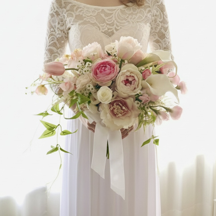 春色ブーケ　ピンク　チューリップ　クラッチブーケ　ウェディングブーケ　造花　ブートニア付き