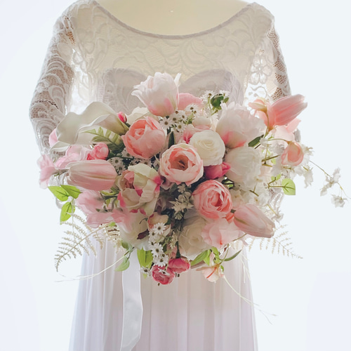 春色ブーケ ピンク チューリップ クラッチブーケ ウェディングブーケ