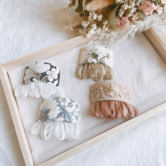 大人可愛いリボンロングポニーフック☆インド刺繍リボンLP6 フリンジと刺繍の大人可愛いポニーフック ♡インド刺繍リボン♡ ポニー