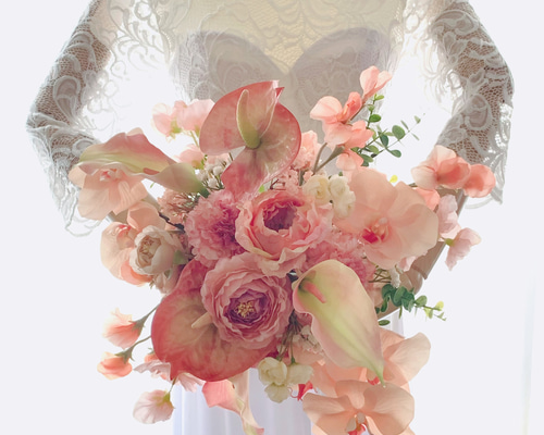 ピンク　オレンジ　パープル　胡蝶蘭　アンスリウム　カラー　ウェディングブーケ造花 936a669fa4b39984c4dfa6c0560cf0