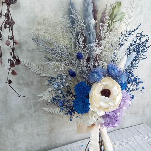 心安らぐブルー　スワッグ✿ブーケ　プリザーブドフラワー　　ドライフラワー ドライフラワー ブーケスワッグ ブルーパープル系 M | ドライ