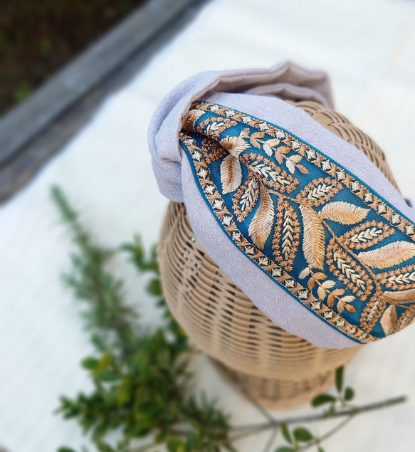 柔らかヘアターバン (インド刺繍リボンno.189・ゴールデンリーフ 