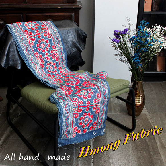 モン族伝統織物　刺繍　アップリケ　藍染め　テーブルクロス　ハンドメイド　手芸　タペストリー  mon-b 6枚目の画像