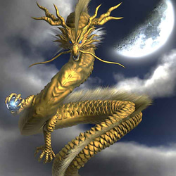 龍の絵「三日月と金龍２」自作A4　竜の絵 2枚目の画像