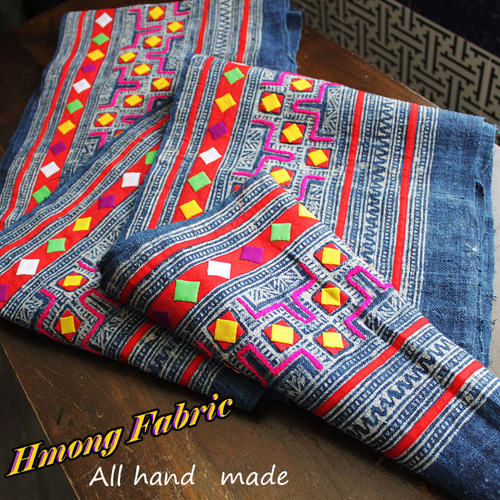 モン族伝統織物 刺繍 アップリケ 藍染め テーブルクロス ハンドメイド