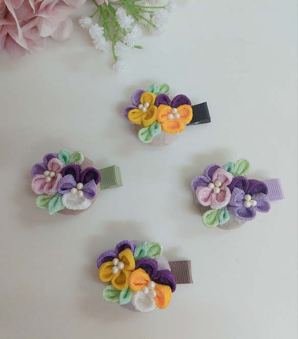 ☆つまみ細工のビオラ　スミレヘアクリップ☆　ベビー　女の子　選べるデザインとカラー　ブローチ 3枚目の画像