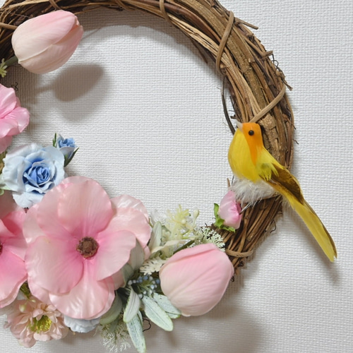チューリップのリース/造花 春 花 フラワーリース プレゼント チューリップのリース/造花 春 花 フラワーリース プレゼント
