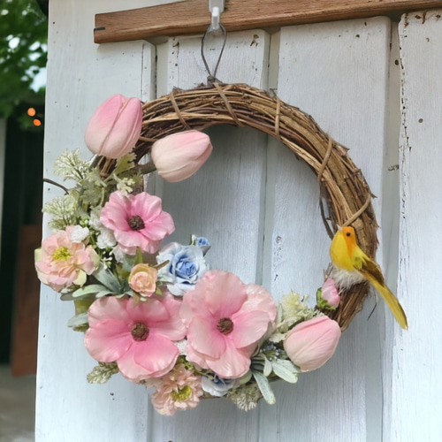 チューリップのリース／造花 春 花 フラワーリース プレゼント