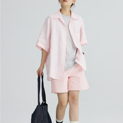 シンプルな甘カジスタイルを楽しむ 5分袖リネンシャツ ピンク 11枚目の画像