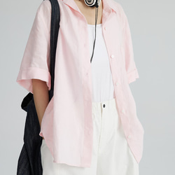 シンプルな甘カジスタイルを楽しむ 5分袖リネンシャツ ピンク 9枚目の画像
