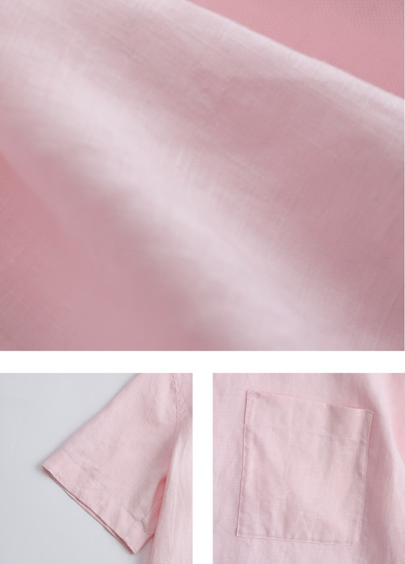 シンプルな甘カジスタイルを楽しむ 5分袖リネンシャツ ピンク 6枚目の画像