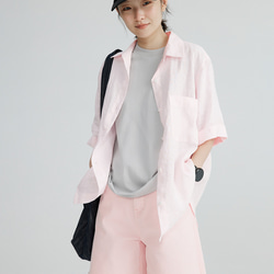 シンプルな甘カジスタイルを楽しむ 5分袖リネンシャツ ピンク 1枚目の画像