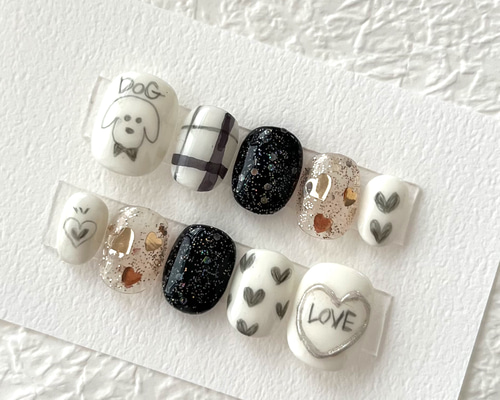 ネイルチップ 落書きネイル ハート 犬 いぬ 韓国 ニュアンス シルバー