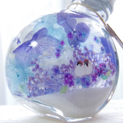 【新作！選べる小鳥】シアワセの瓶ヅメ　アジサイの梅雨景色　揺れる青に癒される。水たまりに映り込むアジサイの花景色。 5枚目の画像