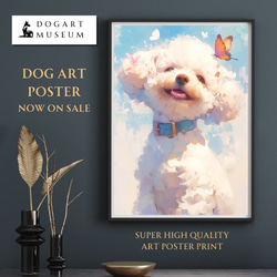 犬と蝶の油絵 小型アート作品 蝶犬戯舞 - トイプードル犬の子犬 No.5】春・蝶・子犬・アートポスター