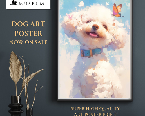 蝶ネクタイをつけたトイプードル｜絵画 原画 動物画 犬の絵 イラスト 蝶犬戯舞 - トイプードル犬の子犬 No.5】春・蝶・子犬・アートポスター