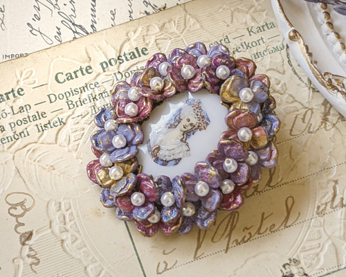 オパール　ブローチ　イヤリング　セット　カボション　ビンテージ　ヴィンテージ ✿お花と貴婦人✿ ヴィンテージカボションとシャビーシックフラワーの