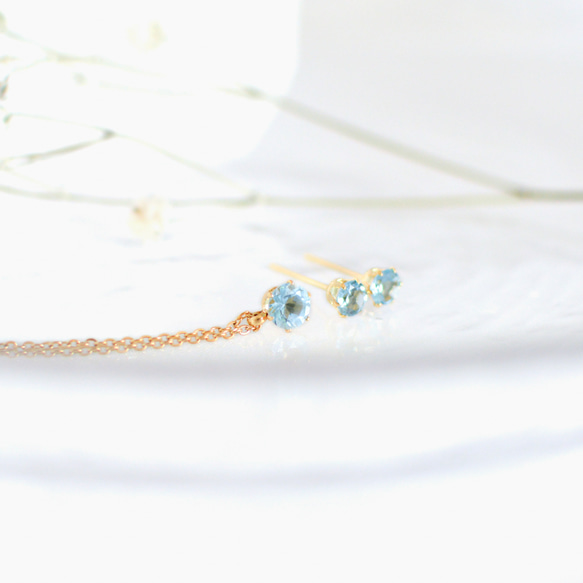 【天然石スイスブルートパーズのシンプルな一粒ネックレス】青/5mm/サージカルステンレス/つけっぱなしok 10枚目の画像